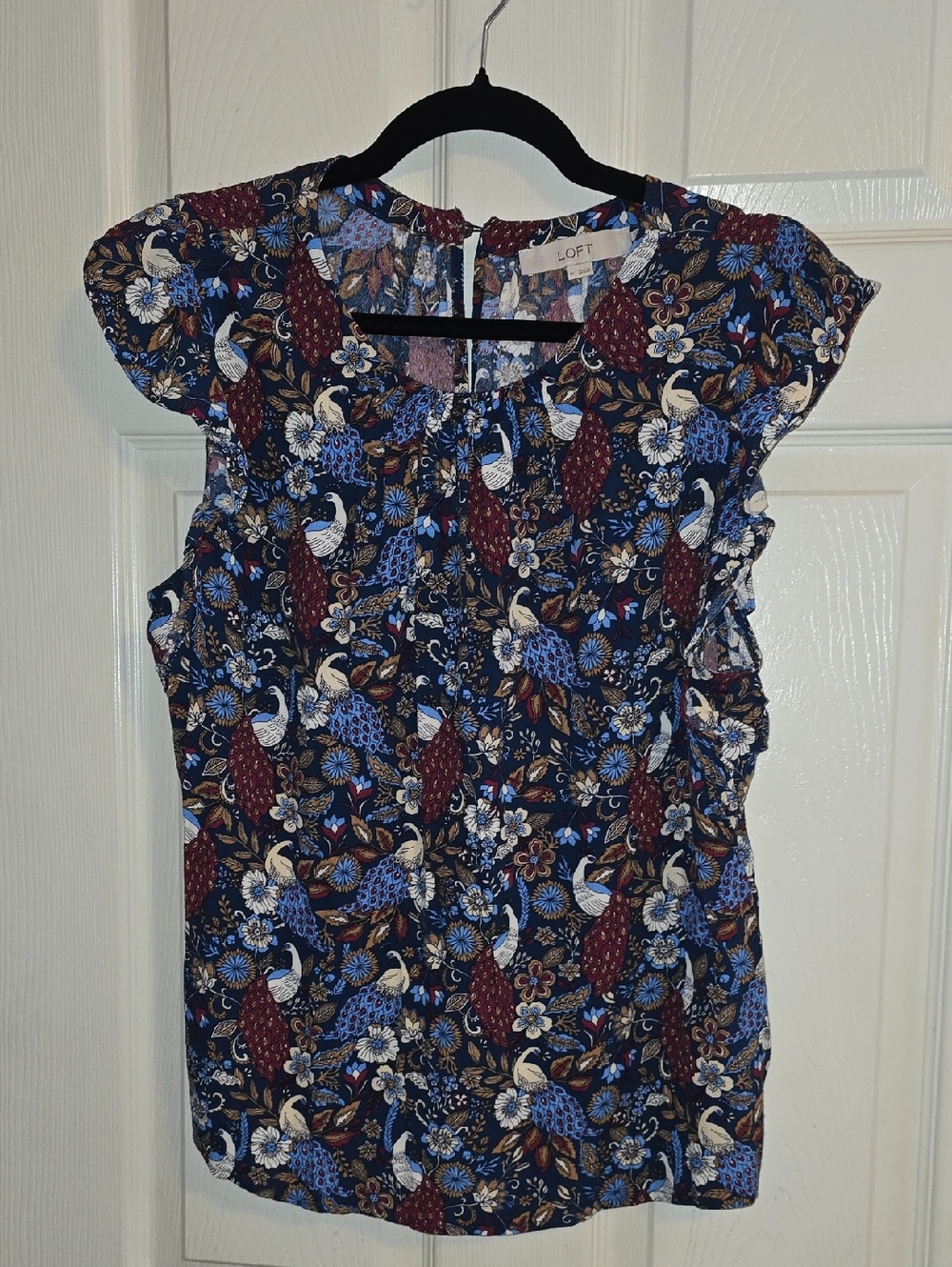LOFT Navy Floral Cap-Sleeve Peplum Top with Burgundy & Light Blue Accents